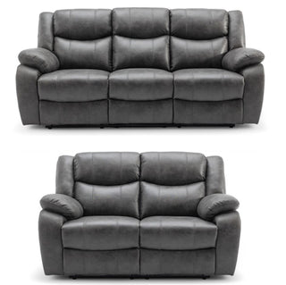 The RR Sofas SOFAINSTORE Vistara 3+2 Seater Recliner Sofa Set is shown in grey fabric on a white background. Both sofas feature high-back plush comfort, wide armrests, and dual manual recline—an ideal entertainment centerpiece.