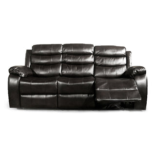 The RS Furniture SOFAINSTORE Verano Black Leather Recliner Sofa Set (3+2 seater) features dual reclining seats, high back, and deep plush cushions for living room comfort—shown here with the right seat reclined and footrest extended.