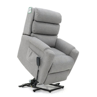 The RS Furniture SOFAINSTORE Bramley Grey Electric Rise & Recline Armchair features dual motors, padded armrests and backrest, a black metal base, and a corded remote for effortless comfort adjustments.