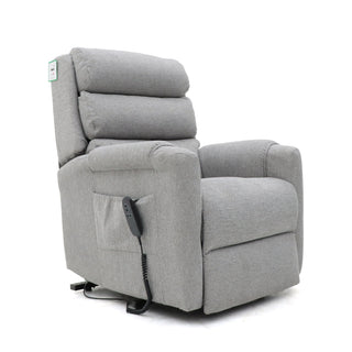 The RS Furniture SOFAINSTORE Bramley Grey Electric Rise & Recline Armchair features dual motors, plush armrests, a cushioned backrest, and a remote control in a side pocket. Shown in light gray against a white background for versatile comfort and support.