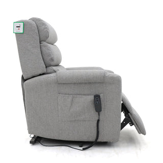 The RS Furniture SOFAINSTORE Bramley Grey Electric Rise & Recline Armchair features a side pocket, corded remote, elevated footrest, and dual motors—a stylish comfort lift chair for ultimate relaxation.