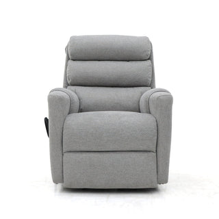 The RS Furniture SOFAINSTORE Bramley Grey Electric Rise & Recline Armchair features dual motors, plush cushioning, and rounded armrests in a modern light gray design, shown from the front against a white background.