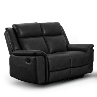 The RS Furniture Toronto Black Leather Manual Recliner Sofa Set features a 3 seater and 2 seater with padded armrests and backrests, shown in black leatheraire on a white background.