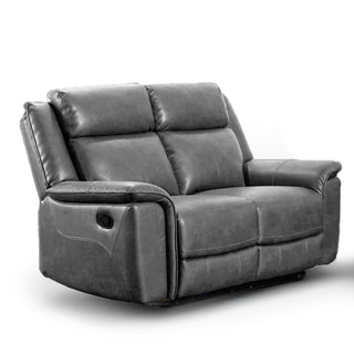 The RS Furniture Toronto Grey Leather Manual Recliner 2 Seater Sofa features padded armrests, plush back cushions, and a side recliner lever. It is shown against a plain white background.