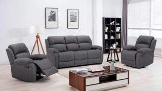 Alaska Grey Suede Fabric Recliner Sofa Set – Static 3 Seater + 2 Manual Reclining Armchairs | High Back Comfort - Sofa In Store