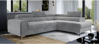 Sophia Rhf Corner Sofa Bed | Grey Plush Velvet | Chrome Legs & Adjustable Headrests - Sofa In Store