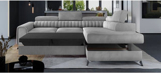 Sophia Rhf Corner Sofa Bed | Grey Plush Velvet | Chrome Legs & Adjustable Headrests - Sofa In Store
