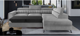 Sophia Rhf Corner Sofa Bed | Grey Plush Velvet | Chrome Legs & Adjustable Headrests - Sofa In Store