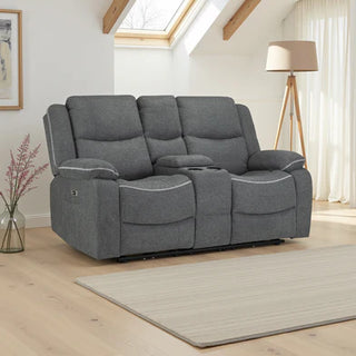 SOFAINSTORE Harald Grey Fabric Electric Recliner Sofa – 2 Seater | Dual Power, Contrast Stitching & Cupholder Console