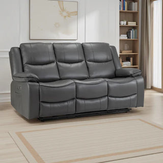 SOFAINSTORE Harald Grey Leather Electric Recliner Sofa – 3 Seater | Dual Power Recline, Contrast Stitching & Deep Cushion Support