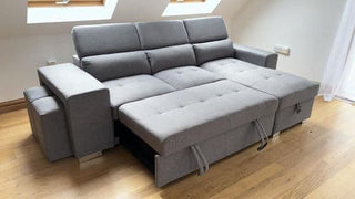 SOFAINSTORE Arnhem Grey Fabric Corner Sofa Bed – Storage Chaise, Pull-Out Double Bed & Hidden Stools | Modern Space-Saving Comfort