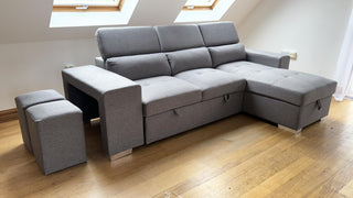 SOFAINSTORE Arnhem Grey Fabric Corner Sofa Bed – Storage Chaise, Pull-Out Double Bed & Hidden Stools | Modern Space-Saving Comfort