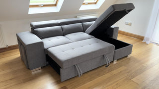 SOFAINSTORE Arnhem Grey Fabric Corner Sofa Bed – Storage Chaise, Pull-Out Double Bed & Hidden Stools | Modern Space-Saving Comfort