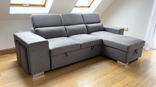 SOFAINSTORE Arnhem Grey Fabric Corner Sofa Bed – Storage Chaise, Pull-Out Double Bed & Hidden Stools | Modern Space-Saving Comfort