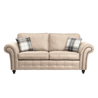 SOFAINSTORE Brantford Beige Suede-Effect 3 Seater Sofa | Rolled Arms, Stud Detailing, Classic Chesterfield Style