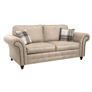 SOFAINSTORE Brantford Beige Suede-Effect 3 Seater Sofa | Rolled Arms, Stud Detailing, Classic Chesterfield Style