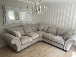 SOFAINSTORE Windsor Large Corner Sofa – Beige Fabric | Chesterfield-Inspired Scroll Arms, Tufted Detailing, Deep Cushion Comfort