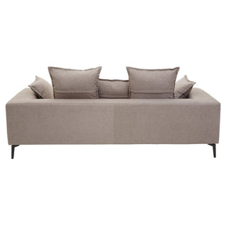 The Premier Sofas Anton Grey Upholstered Fabric 3 Seater Sofa features modern design, durable comfort, four matching back cushions, and black metal legs. Shown from the back in grey upholstery.