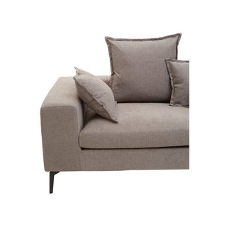 A close-up of the Anton Grey Upholstered Fabric 3 Seater Sofa by Premier Sofas, showcasing its modern design, durable comfort, three matching cushions, sleek light brown upholstery, clean lines, and slim black metal legs.