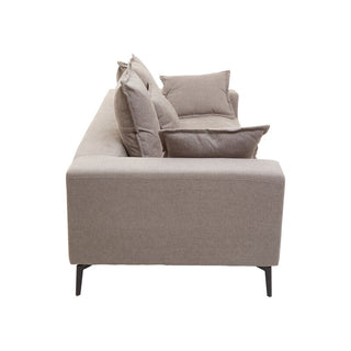 Side view of the Anton Grey Upholstered Fabric 3 Seater Sofa by Premier Sofas, featuring modern design, light gray fabric, durable comfort, metal legs, and matching cushions, displayed against a white background.