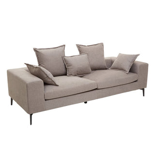 The Anton Grey Upholstered Fabric 3 Seater Sofa by Premier Sofas features modern design, clean lines, black metal legs, two seat cushions, and five matching throw pillows for durable comfort.