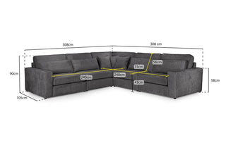 The Beehive Furniture Kiana Modular Sofa is a grey fabric large corner sofa with dimensions: 308cm (L), 90cm (H), 58cm (arm H), 240cm seat width/side, 55–56cm seat depth, 45cm seat height, and total depth of 105cm.