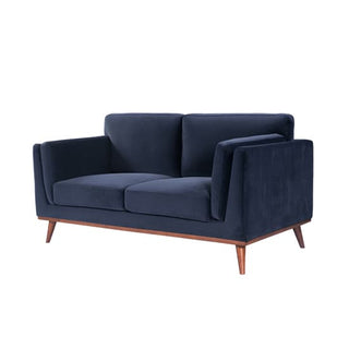 The Maili Velvet Fabric 2 Seater Sofa by Twenty Ten Designs, in midnight blue, features cushioned comfort, angled wooden legs, and clean lines—perfect for modern spaces.