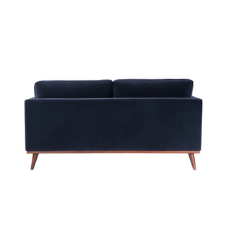 The Maili Velvet Fabric 2 Seater Sofa by Twenty Ten Designs in midnight blue offers cushioned comfort and wooden legs, shown from the back against a white background.