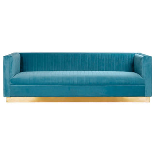 The Premier Sofas Contemporary Light Blue Velvet 3 Seater Sofa features a tufted design, square arms, and a gold base, shown from the front against a white background.