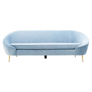 The Premier Sofas Aqua Blue Velvet 3 Seater Sofa features a modern design with a curved backrest, slim seat, and thin gold metal legs, shown here against a white background.