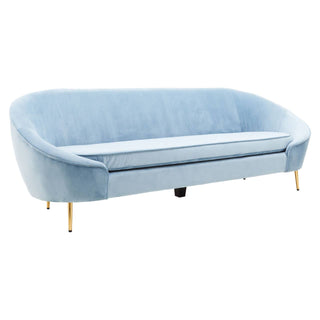 The Premier Sofas Aqua Blue Velvet 3 Seater Sofa features a curved backrest and slim gold metal legs, offering a modern, elegant look to any space.