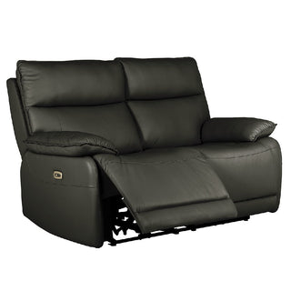 The Vida Living Laramie Electric Leather Recliner Sofa in dark grey is a compact 2-seater with padded armrests and cushions, shown with an extended footrest—a stylish, inviting choice for relaxation.