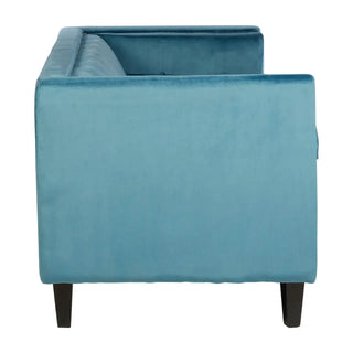 Side view of the Felisen Upholstered Velvet 3 Seater Sofa by Premier Sofas in blue, featuring a sturdy frame and black wooden legs—Blue Elegance perfect for modern living rooms, shown against a white background.