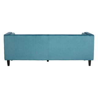 The Felisen Upholstered Velvet 3 Seater Sofa by Premier Sofas showcases Blue Elegance with a smooth, rectangular design, straight armrests, and short dark wooden legs—a perfect modern centerpiece for your living room.