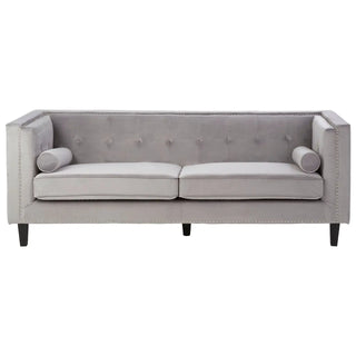 The Felisen Grey Velvet 3 Seater Sofa by Premier Sofas features a button-tufted back, square arms, matching bolster pillows, and dark wooden legs—an elegant choice for anyone seeking to buy sofas online UK.