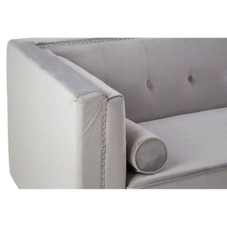 Close-up of the Felisen Grey Velvet 3 Seater Sofa by Premier Sofas, featuring a button-tufted backrest and eucalyptus frame—an elegant choice for those seeking luxury sofas online UK.
