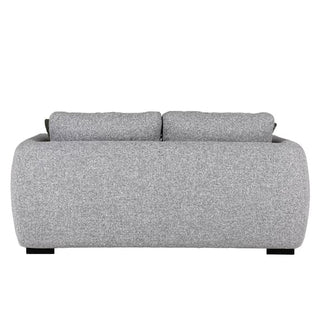 The Vida Living Santiago Fabric 2 Seater Sofa features grey upholstery, rounded edges, two large back cushions, and black legs—an ideal modern addition to your living room furniture collection.