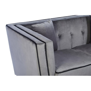 Close-up of the Hannah Upholstered Velvet 3 Seater Sofa by Premier Sofas, featuring a button-tufted backrest, square armrests, and matching cushion. This grey elegance chic design is a standout luxury sofa in the UK.
