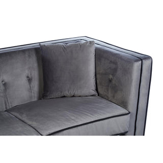 Close-up of the Hannah Upholstered Velvet 3 Seater Sofa by Premier Sofas, in grey with black piping, tufted details, and a matching square cushion—a chic luxury choice for UK interiors.