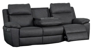 The Sofa In Store Huntington Dark Grey Leather Look Fabric Electric Recliner 3+2 Seater Sofa Set features three seats, two extended footrests, plush armrests, adjustable headrests, and a fold-down center console with cup holders.