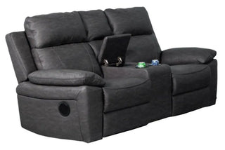 The Sofa In Store Huntington Dark Grey Leather Look Fabric Electric Recliner 3+2 Seater Sofa Set features wide armrests, a storage center console, and built-in cup holders for drinks and snacks.