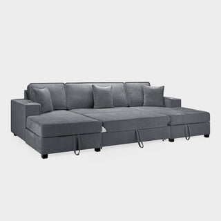 SOFAINSTORE Milan Max U-Shape Sofa Bed – Grey Fabric, Storage, Cupholders, Pull-Out Sleeper