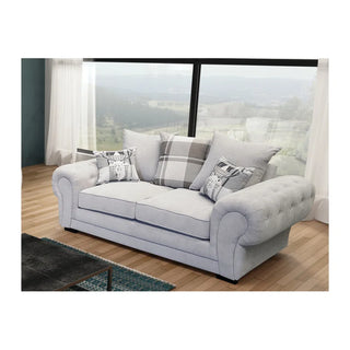 Alcrossagh 2 Seater Fabric Sofa – Light Grey with Rolled Arms & Scatter Cushions - Sofa In Store