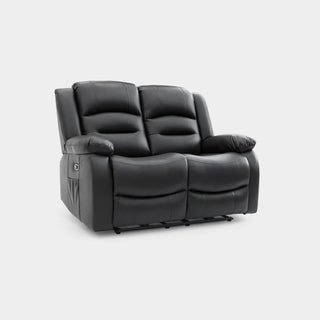 The SOFAINSTORE Arclay 2 Seater Black Leather Recliner Sofa by Beehive Furniture features electric reclining, deep cushioned seats, wide armrests, and a button control panel with USB-C charging, shown on a plain light gray background.