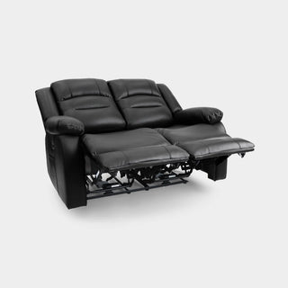 The Beehive Furniture SOFAINSTORE Arclay Black Leather 2 Seater Recliner Sofa, with deep cushion support, both footrests extended, and a USB-C port, is displayed against a plain light gray background.