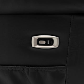 A close-up of the Beehive Furniture SOFAINSTORE Arclay 3 seater black leather recliner sofa with electric recline, drop-down cupholder console, built-in USB port, control button, and storage pocket—ideal for luxury sofas UK.