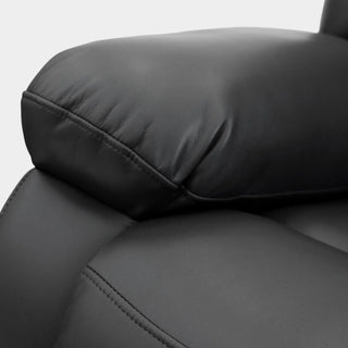 Close-up of the black leather armrest on the Beehive Furniture SOFAINSTORE Arclay 3 Seater Electric Recliner Sofa, showing fine stitching and a smooth texture. Features include a drop-down cupholder console for added convenience.