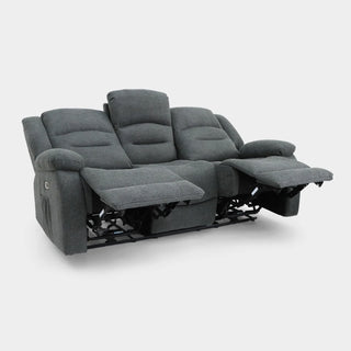 The Beehive Furniture SOFAINSTORE Arclay Grey Fabric Recliner Sofa is a 3-seater with electric recline, padded armrests and backrests, extended footrests on both ends, and a drop-down cupholder console. Ideal for modern living rooms.