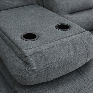 Close-up of the SOFAINSTORE Arclay Grey Fabric Recliner Sofa armrest by Beehive Furniture, showing two built-in black cup holders—ideal for upgrading your electric 3-seater recliner in any modern living room.