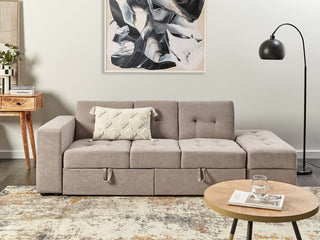 SOFAINSTORE Taupe Fabric 3 Seater Sofa Bed with Storage & Pull-Down Cupholder | Ottoman Chaise & Drawer Base
